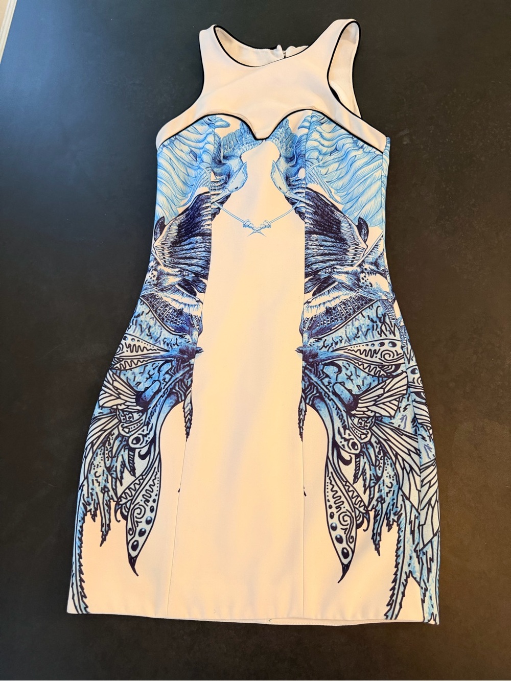 Lumier by Bariano White and Blue Printed Bird Bodycon Dress